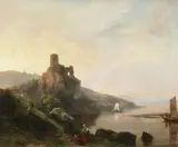 Peter Ludwig Kühnen, Romantic Rhine landscape with ruin at sunset