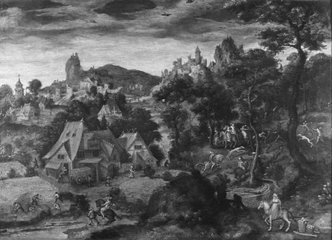 Lucas Gassel, Hilly Landscape with a village with peasants and hunters