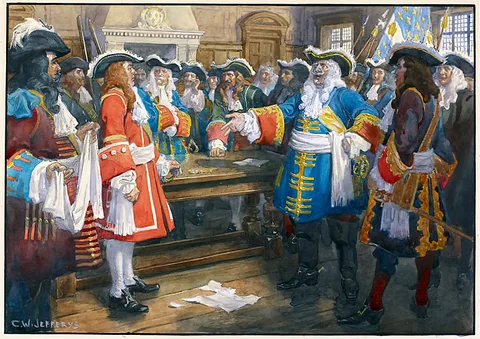 Charles William Jefferys, Frontenac receiving the envoy of Sir William Phipps demanding the surrender of Quebec, 1690.