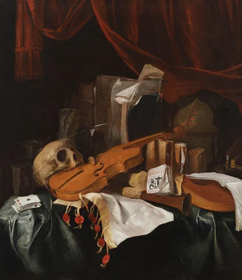 Jacques de Claeuw, Vanitas still life with skull, violin, cittern, playing cards, books, and a globe