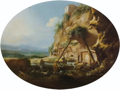 Jan Linsen, Italianate river landscape with a shepherd giving a maid a bouquet of flowers