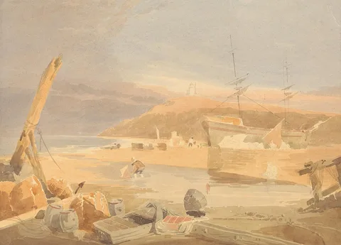 John Thirtle, Shore Scene with Sailing Ship at Quay