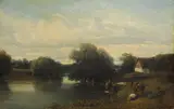 Camille Flers, Cottage by the River with Washerwomen