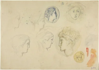 Henry Cros, Sketches: Profile Heads, Coins or Medals (recto); Trees (verso)