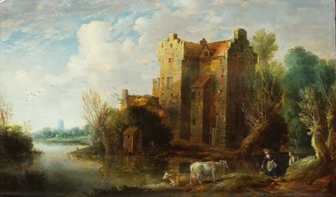 Gillis Peeters, River landscape with a shepherdess, her cows and a hunter near a fortified house