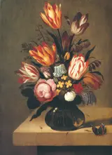 Abraham Bosschaert, Bouquet of flowers with a butterfly on a stone slab.