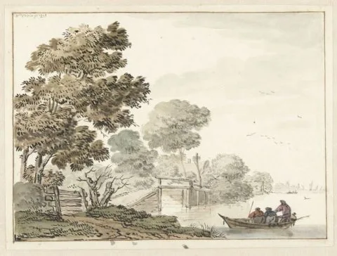 Wigerus Vitringa, Landschap met een houten brug en bomen langs een vaart