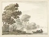 Wigerus Vitringa, Landschap met een houten brug en bomen langs een vaart