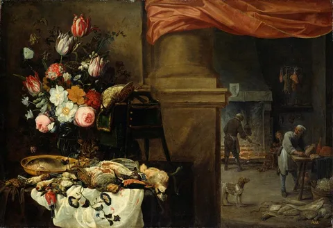 Carstian Luyckx, Kitchen still life with a vase of flowers, dead birds, a fish and a dog
