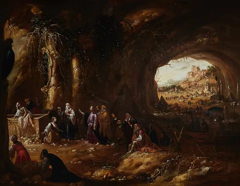 Rombout van Troyen, Interior of a grotto with the raising of Lazarus