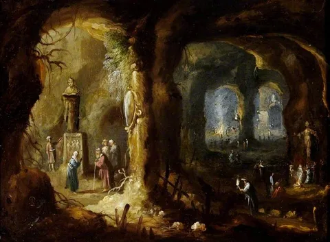 Rombout van Troyen, Grotto with Statues and Numerous Figures Worshipping Idols