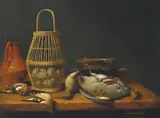 Hubert van Ravesteyn, Basket of eggs among dead birds and kitchen utensils