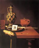Hubert van Ravesteyn, Still life with glass, flask, pipe and tobacco packet