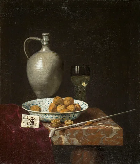 Hubert van Ravesteyn, Still Life with a Pipe, Nuts, a Pitcher and a Tobacco Pouch
