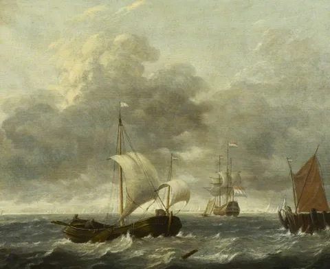 Gerrit van Battem, A Fishing Pink Running Past a Jetty