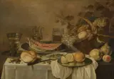 Roelof Koets, Still life with salmon and fruit basket