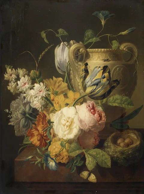 Pieter Faes, Flowers by a Stone Vase