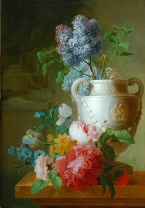 Pieter Faes, A Marble Vase of Lilac with Other Flowers on a Marble Shelf