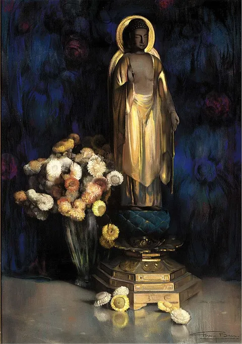 Firmin Baes, Buddha with flower still life