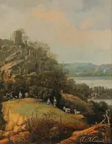 Adriaan Bloemaert, A river landscape with a ruin and figures