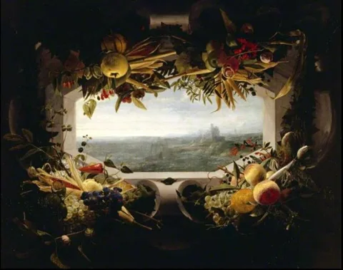 Jan Anton van der Baren, A Seascape within a Garland of Fruit