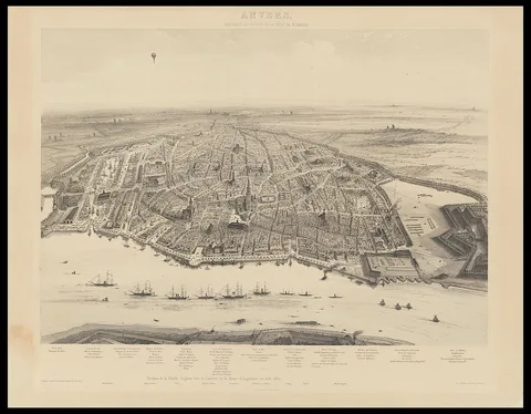 François Stroobant, Zicht op Antwerpen met de ligging van de Engelse vloot bij de aankomst van de Koningin van Engeland in 1852