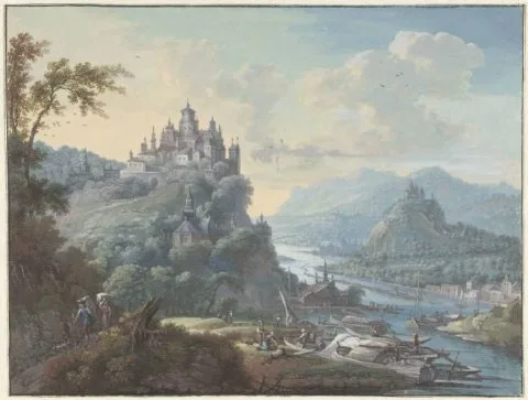Willem Troost, Rivierlandschap met een stad op een heuveltop
