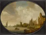 Jan Coelenbier, River landscape with a windmill, a port building, and sailing vessels