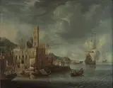 Anthonie Beerstraaten, Phantasy Harbor Scene with St. Mary's Church in Utrecht