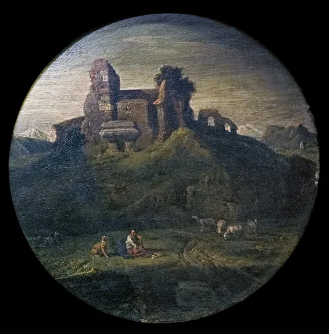 Henry Ferguson, Landscape with shepherdess and tomb in ruins