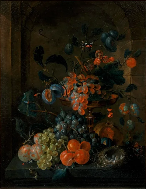 Coenraet Roepel, Still-life with fruit and a bird's nest in a niche