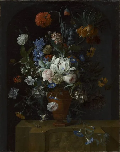 Coenraet Roepel, A floral still life in a stone vase on a stone sculpted base