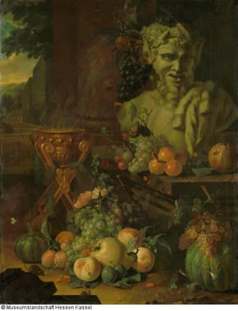 Coenraet Roepel, Fruit piece with a satyr bust and a smoke pot