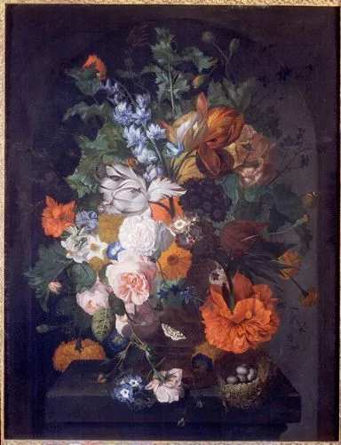 Coenraet Roepel, Flowers on a stone ledge with a bird's nest
