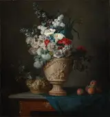Anne Vallayer-Coster, Bouquet of Flowers in a Terracotta Vase with Peaches and Grapes