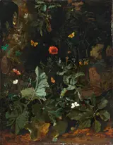 Nicolaes de Vree, Forest floor stil life with plants, flowers and butterflies