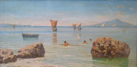 Holger H. Jerichau, Coastal view from Capri with children bathing, Vesuvius in the background.
