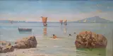 Holger H. Jerichau, Coastal view from Capri with children bathing, Vesuvius in the background.