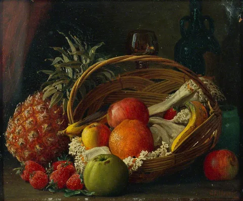 George Frederick Harris, Still Life of Fruit in a Basket, a Pineapple Alongside and Wine Bottle and Glass Behind