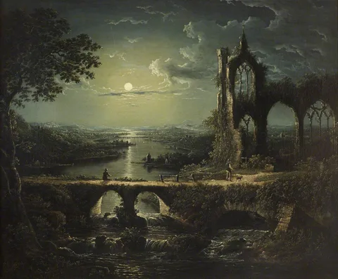 William Pether, Moonlit River Scene with a Ruined Gothic Church and an Arched Stone Bridge with an Angler