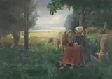 Georges Laugée, An extensive landscape with a shepherdess and her flock in the foreground