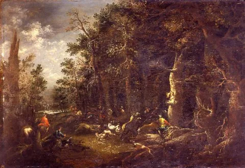 Hans de Jode, Landscape with a bear hunt
