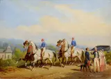 Bernard-Édouard Swebach, A Couple alighting from an Open Carriage and Pair