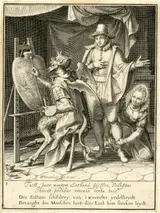 Willem Isaacsz Swanenburg, Beardless Youth Standing to Right of Devil at an Easel, Allegory of the Misuse of Worldly Property, after Maarten van Heemskerck