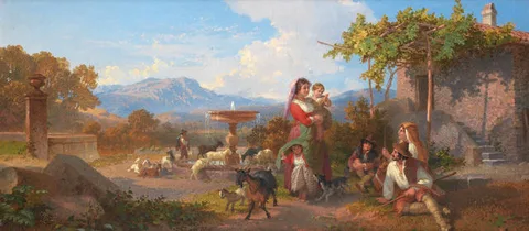 Penry Williams, A peasant family by a fountain in an Italian landscape