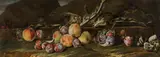 Aniello Ascione, Still life in a landscape with peaches, plums and artichoke