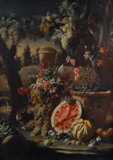 Aniello Ascione, Carnations in a terracotta pot, with grapes, watermelon and other fruit in a landscape