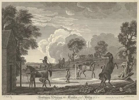 William Elliott, [Horse-racing] Set of six: 4. Subduing Shoeing, the Cavison and Pillar