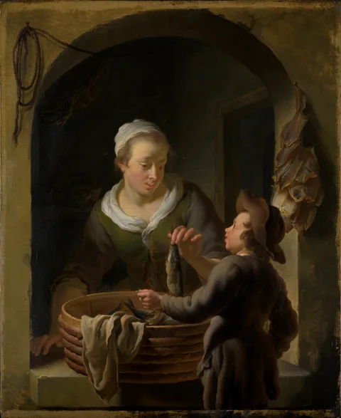 Louis de Moni, Fish Seller selling a Herring to a Boy