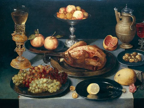 Gotthardt Wedig, Still Life with Roast Chicken on a Laid Table with Grapes, a Bekerschroef, Tazza and Wine Flask